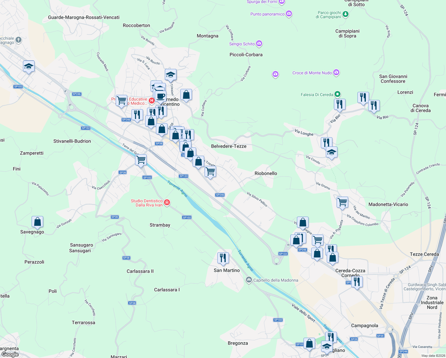 map of restaurants, bars, coffee shops, grocery stores, and more near 56 Viale Trieste in Cornedo Vicentino