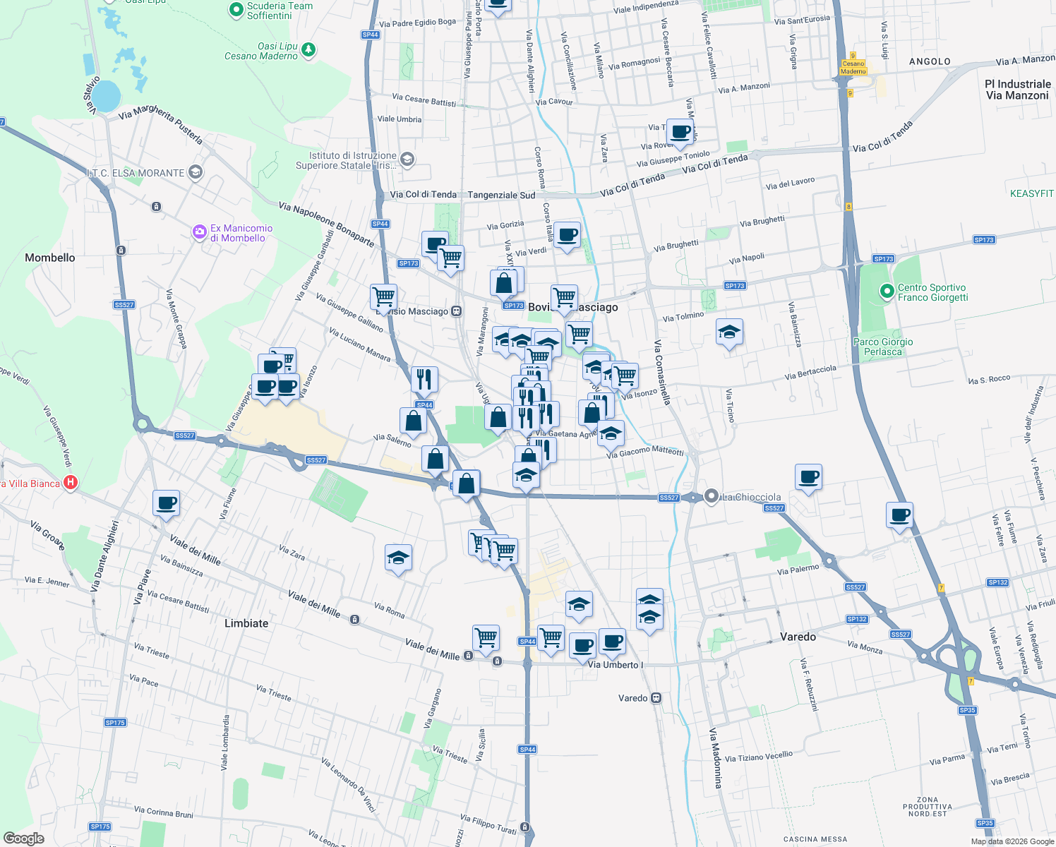 map of restaurants, bars, coffee shops, grocery stores, and more near 48 Corso Milano in Bovisio Masciago