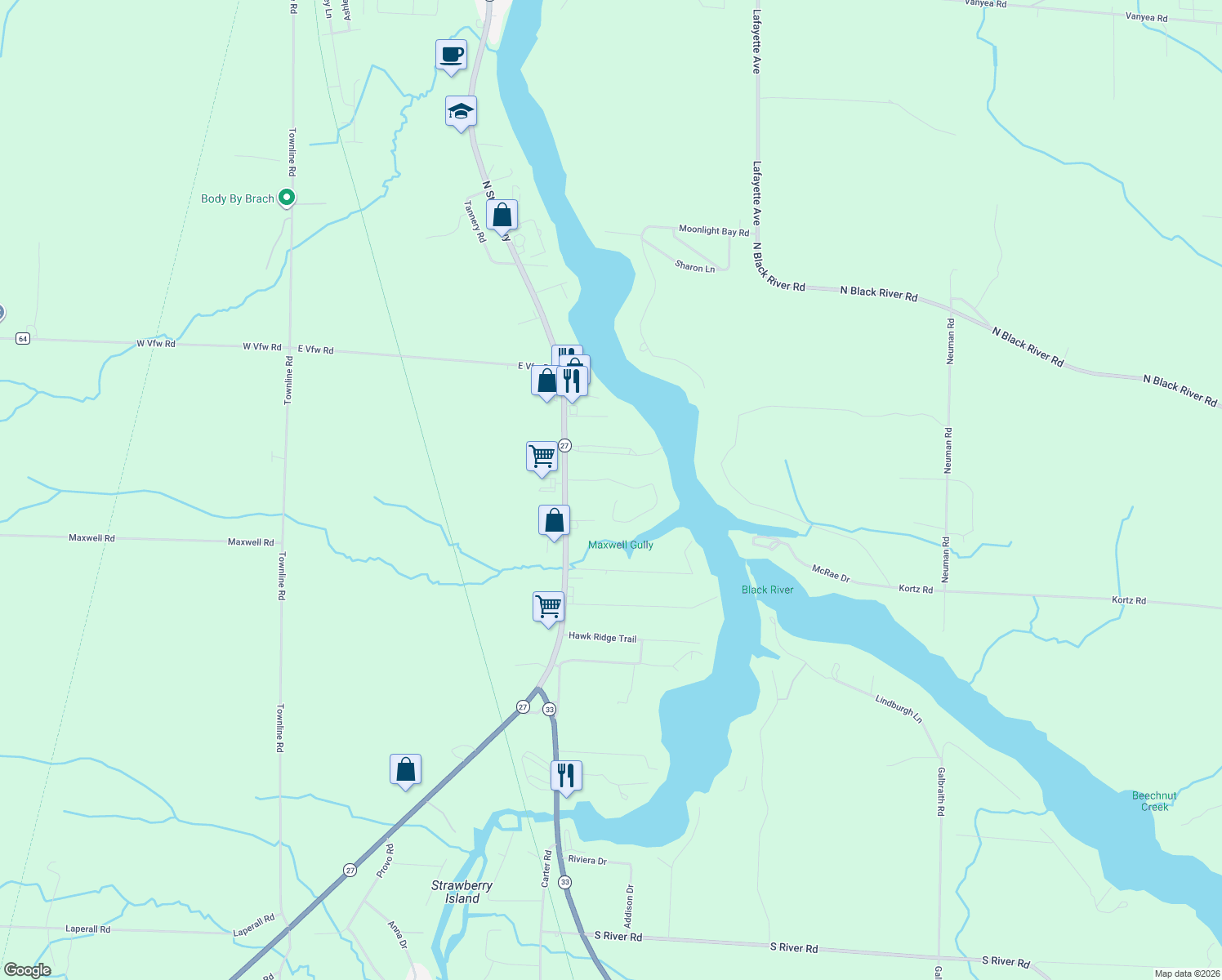map of restaurants, bars, coffee shops, grocery stores, and more near 1358 Rivers Ridge Court in Cheboygan