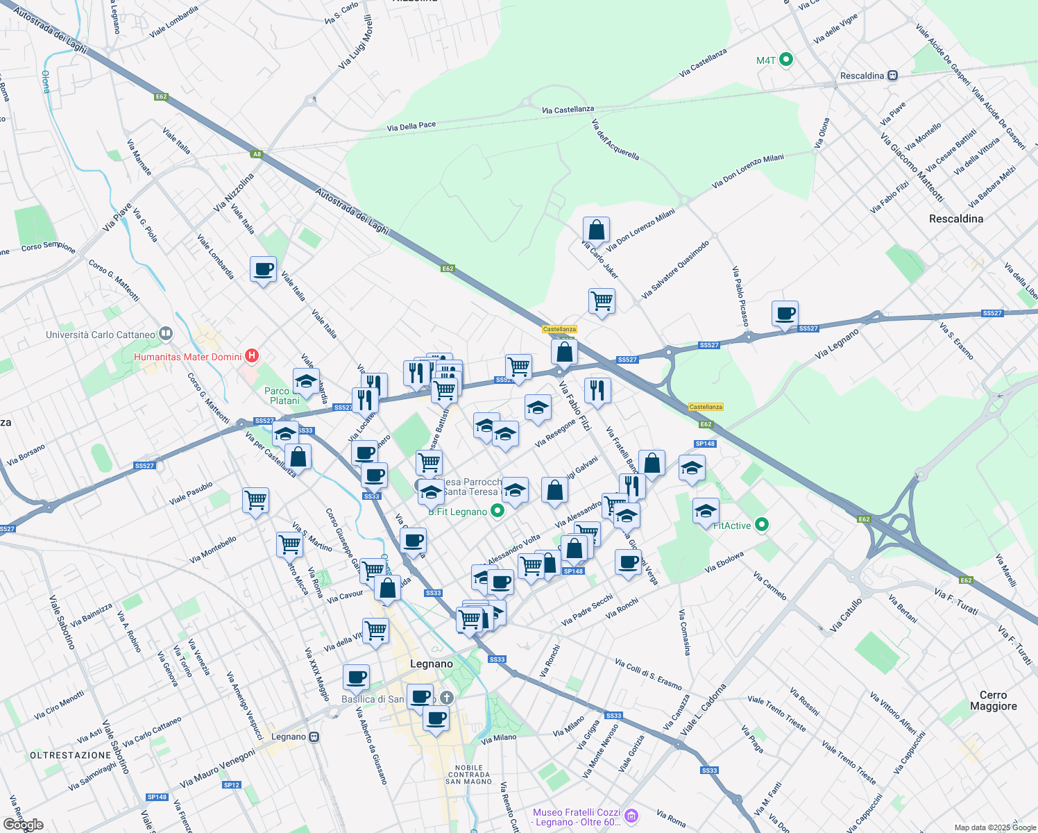 map of restaurants, bars, coffee shops, grocery stores, and more near 101 Via Santa Teresa in Legnano