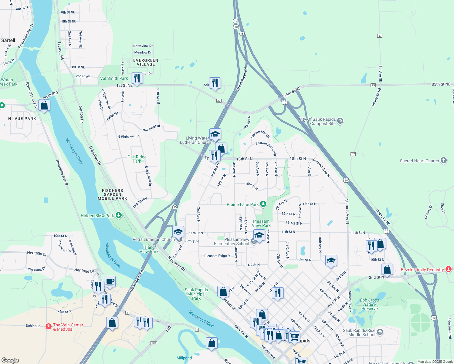 map of restaurants, bars, coffee shops, grocery stores, and more near 361 Welsh Court in Sauk Rapids