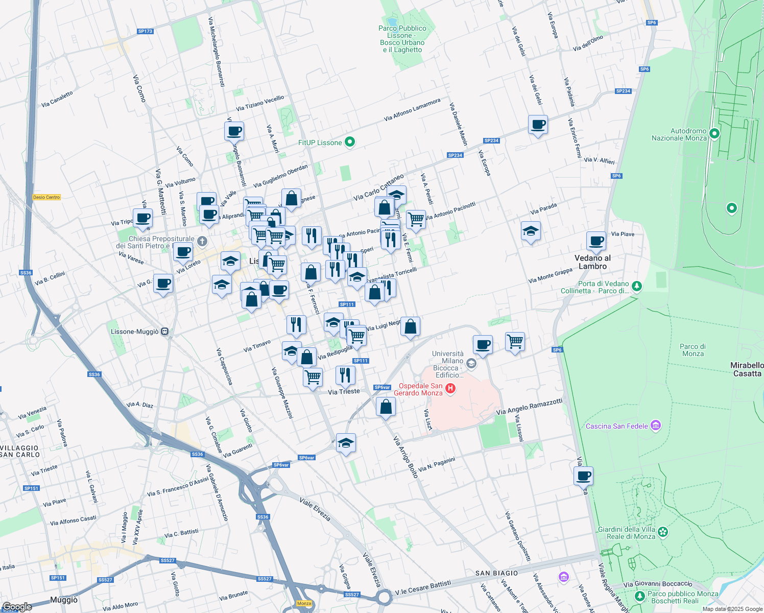 map of restaurants, bars, coffee shops, grocery stores, and more near 18 Via Trento in Lissone