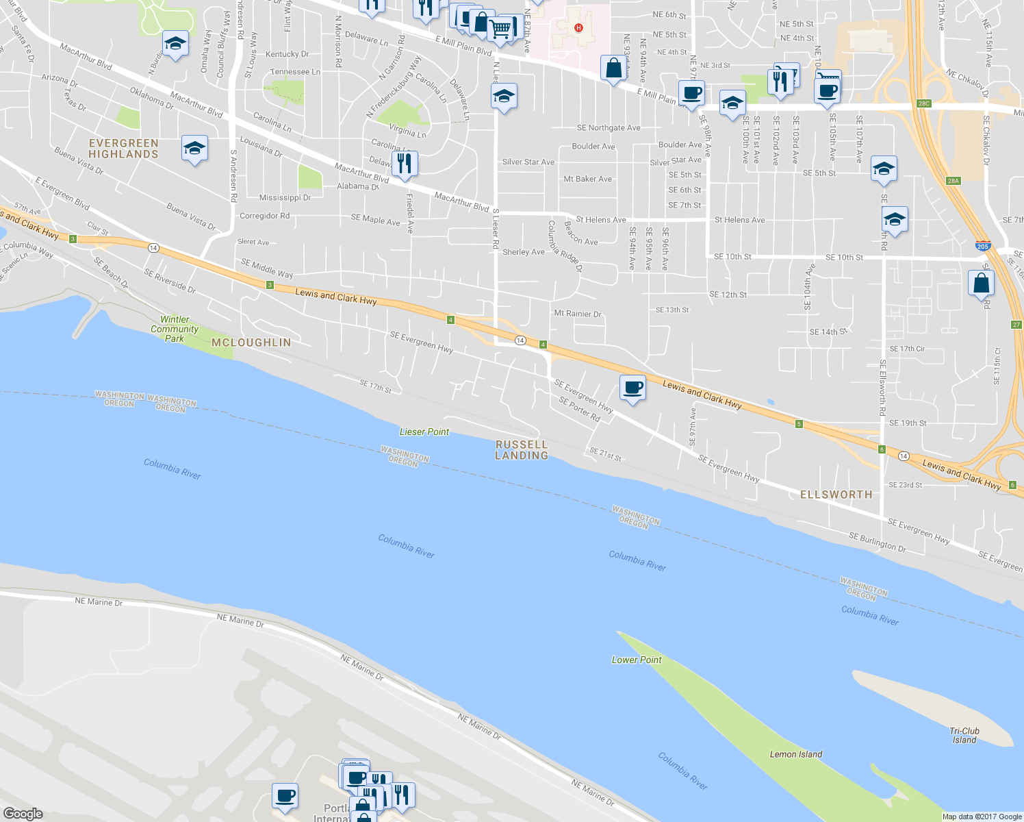 map of restaurants, bars, coffee shops, grocery stores, and more near 1815 Southeast Lieser Point Road in Vancouver