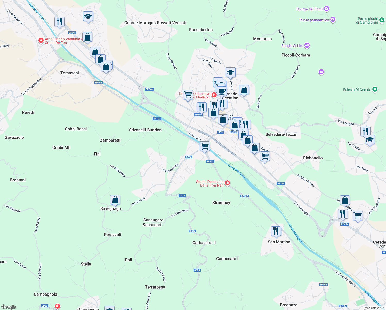 map of restaurants, bars, coffee shops, grocery stores, and more near 111 Via Bellini in Cornedo Vicentino