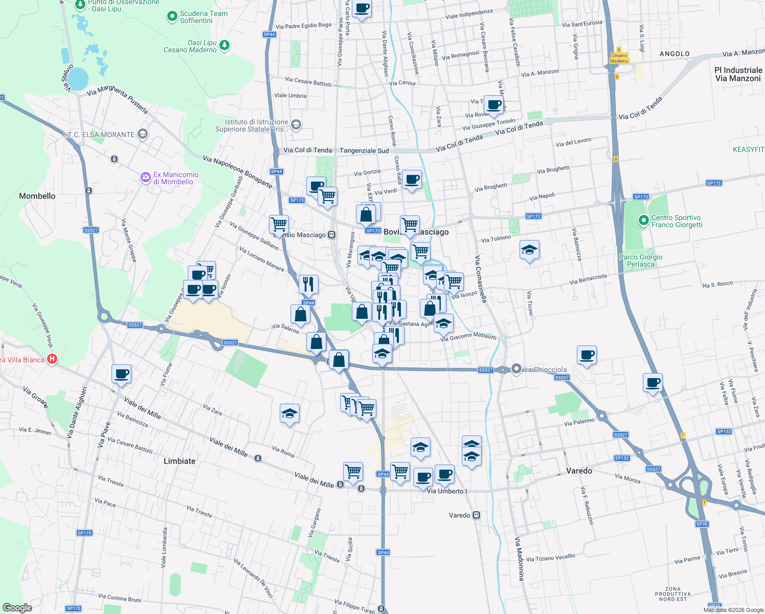 map of restaurants, bars, coffee shops, grocery stores, and more near 46-48 Corso Milano in Bovisio Masciago