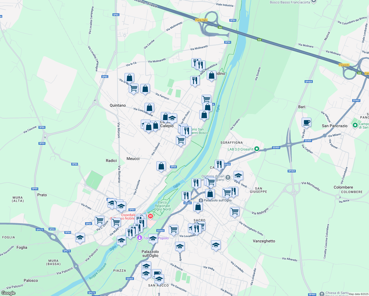 map of restaurants, bars, coffee shops, grocery stores, and more near 9 SP84 in Castelli Calepio