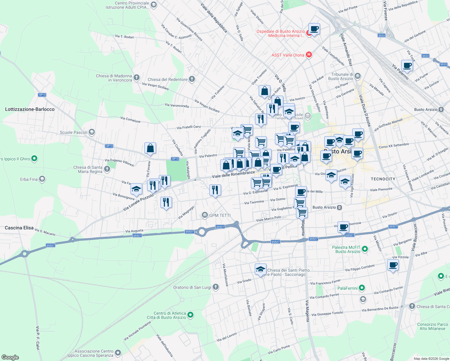 map of restaurants, bars, coffee shops, grocery stores, and more near 37TER Viale delle Rimembranze in Busto Arsizio