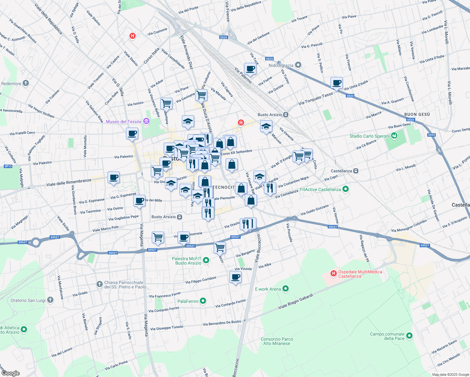 map of restaurants, bars, coffee shops, grocery stores, and more near 17 Viale Luigi Cadorna in Busto Arsizio