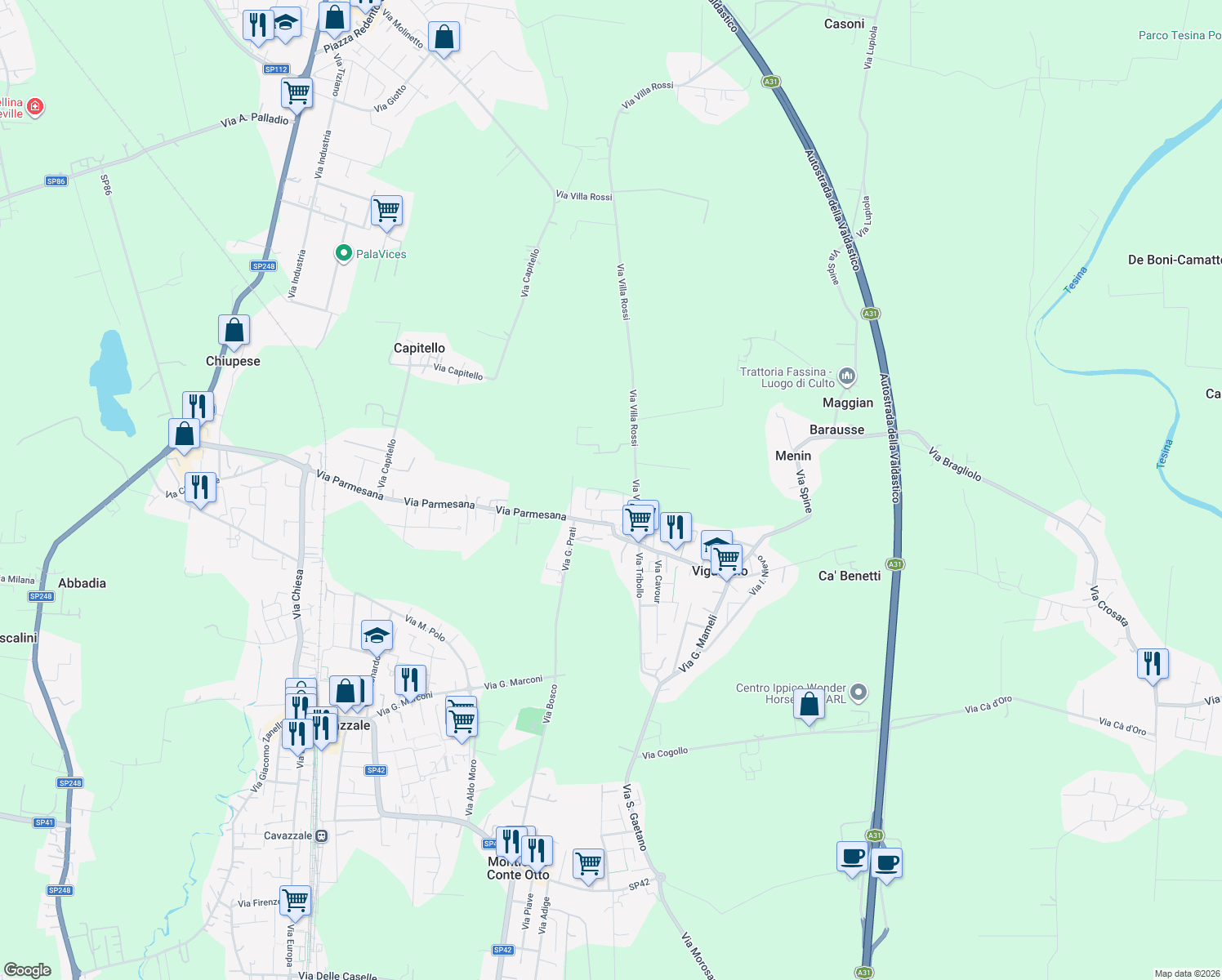 map of restaurants, bars, coffee shops, grocery stores, and more near 2 Via dei Pini in Vigardolo