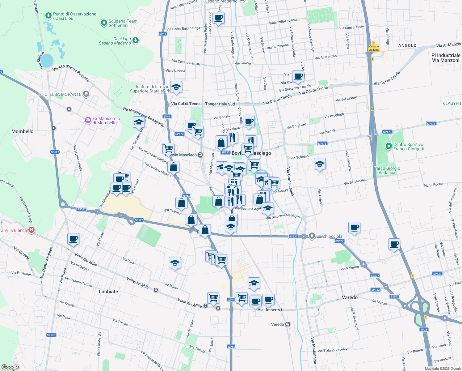 map of restaurants, bars, coffee shops, grocery stores, and more near 10 Via Pusterla in Bovisio Masciago