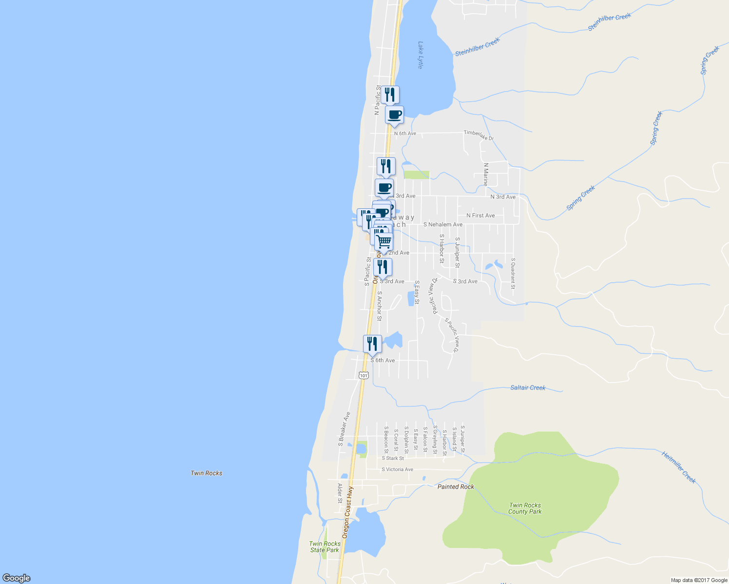 map of restaurants, bars, coffee shops, grocery stores, and more near 333 Pacific View Dr in Rockaway Beach