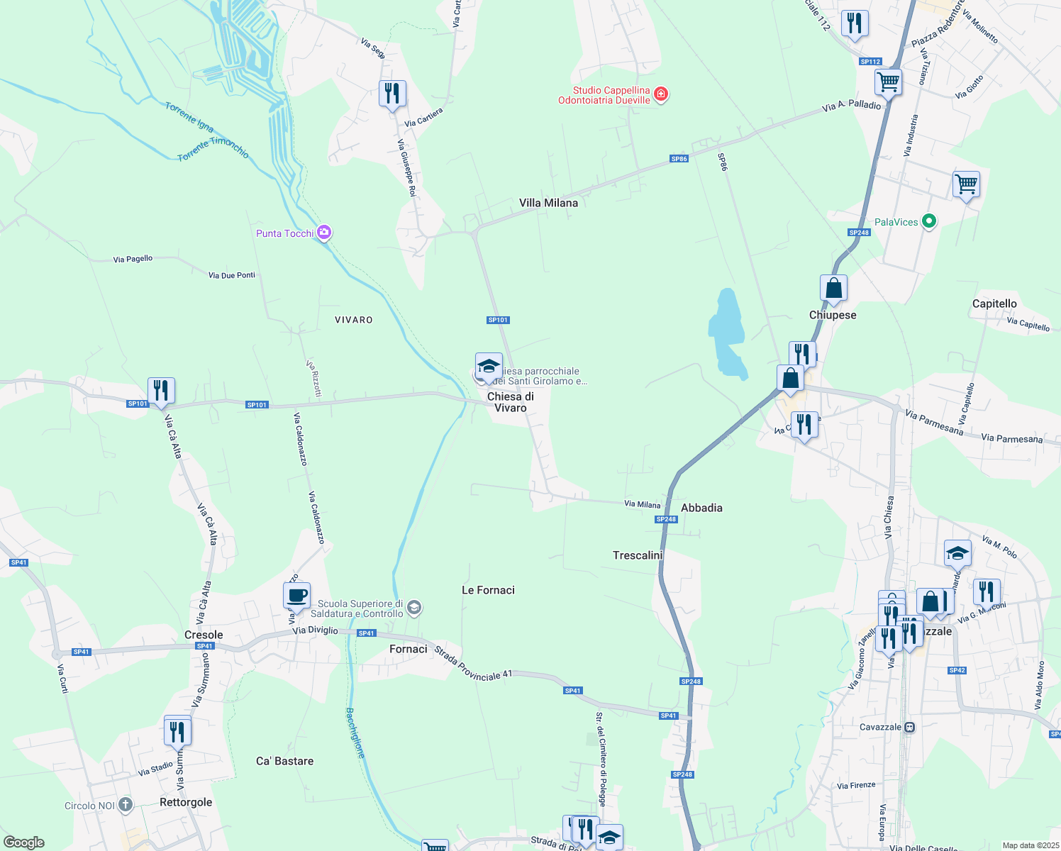 map of restaurants, bars, coffee shops, grocery stores, and more near 43 Via Milana in Chiesa di Vivaro