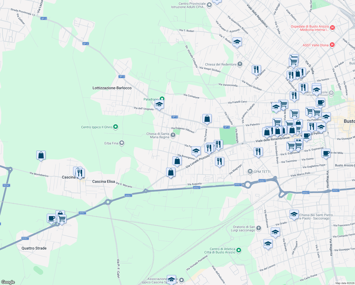 map of restaurants, bars, coffee shops, grocery stores, and more near 30 Via Merlo Padre Carlo in Busto Arsizio