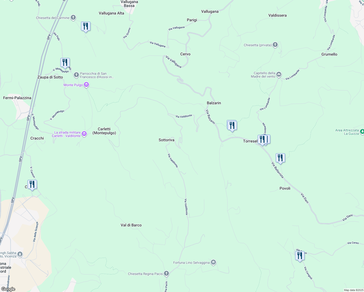 map of restaurants, bars, coffee shops, grocery stores, and more near 11 Via Valdilonte in Provincia di Vicenza