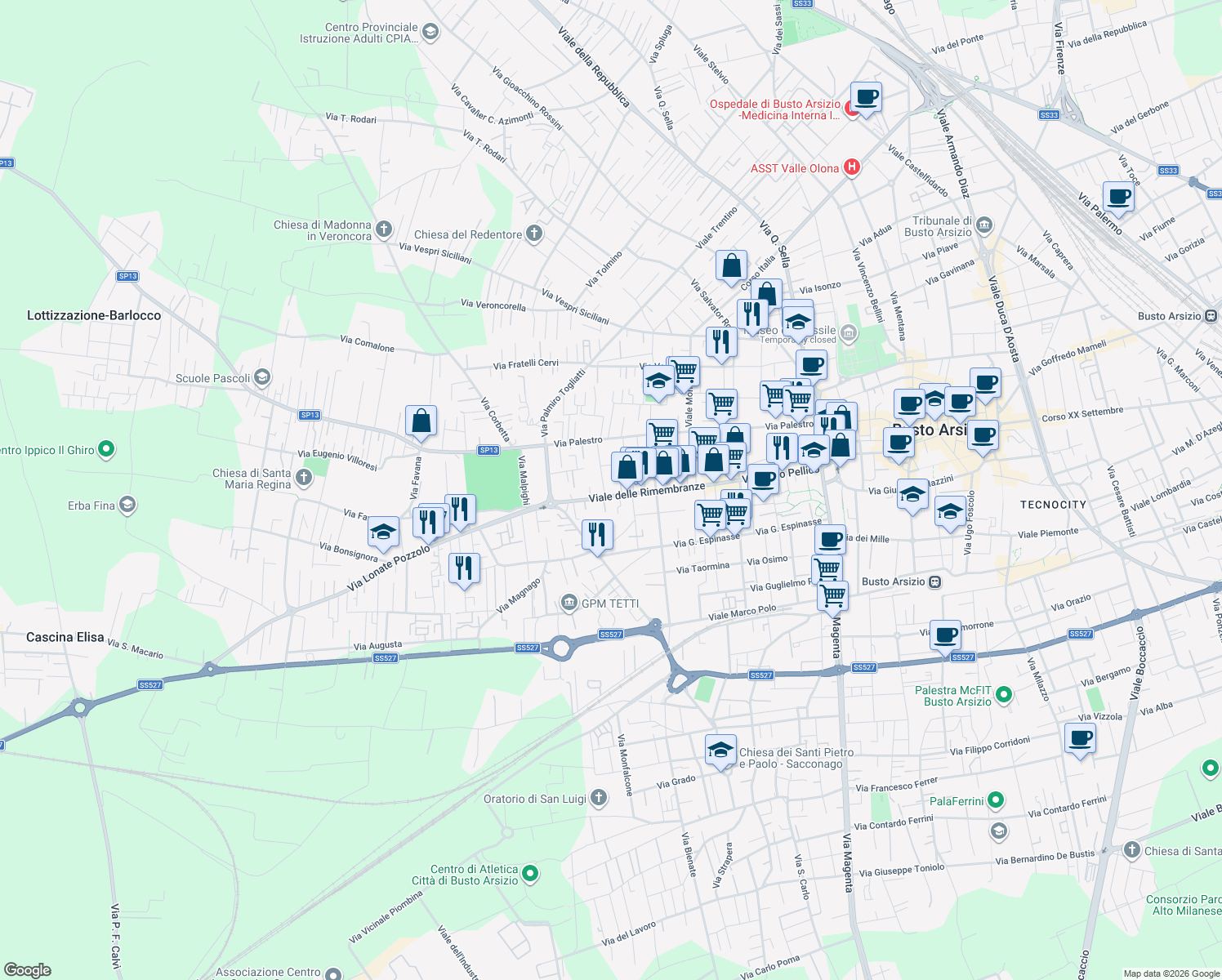 map of restaurants, bars, coffee shops, grocery stores, and more near 37TER Viale delle Rimembranze in Busto Arsizio