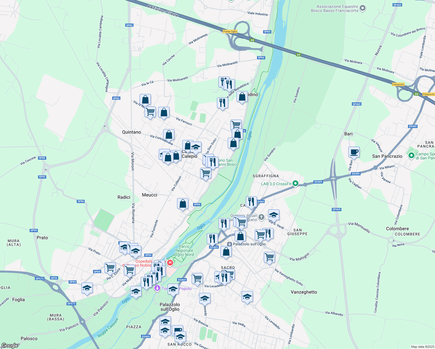 map of restaurants, bars, coffee shops, grocery stores, and more near 9 Strada Provinciale 84 in Castelli Calepio