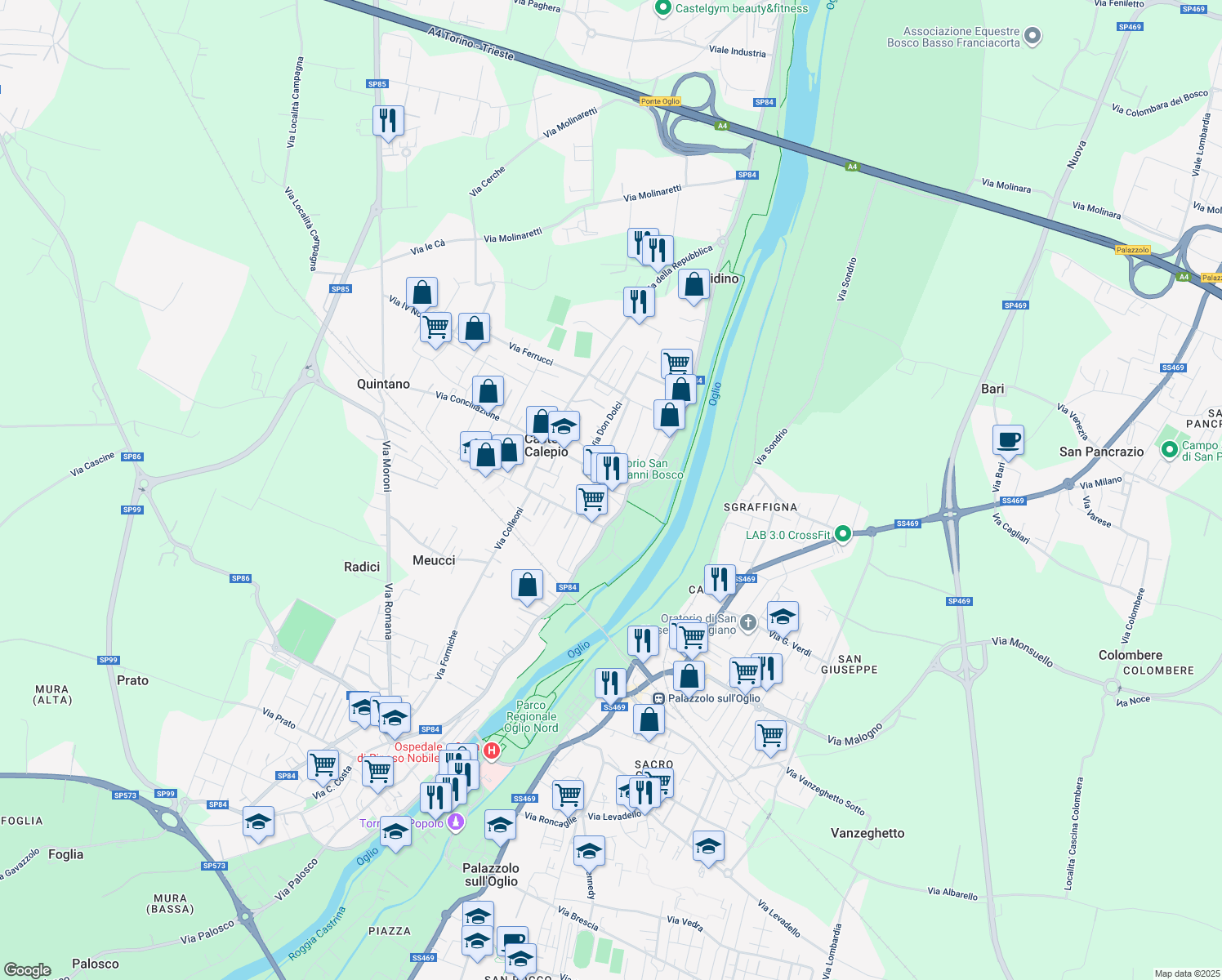 map of restaurants, bars, coffee shops, grocery stores, and more near 4 Via Edmondo De Amicis in Castelli Calepio