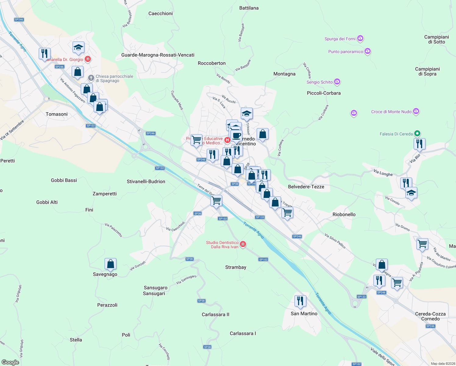 map of restaurants, bars, coffee shops, grocery stores, and more near 24 Via Rasia Dal Polo in Cornedo Vicentino