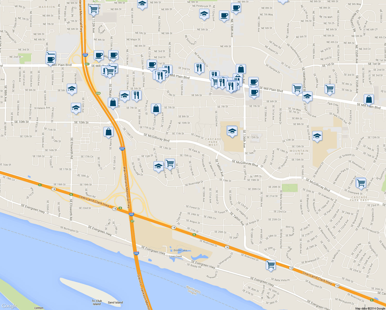 map of restaurants, bars, coffee shops, grocery stores, and more near 12710 Southeast 15th Street in Vancouver