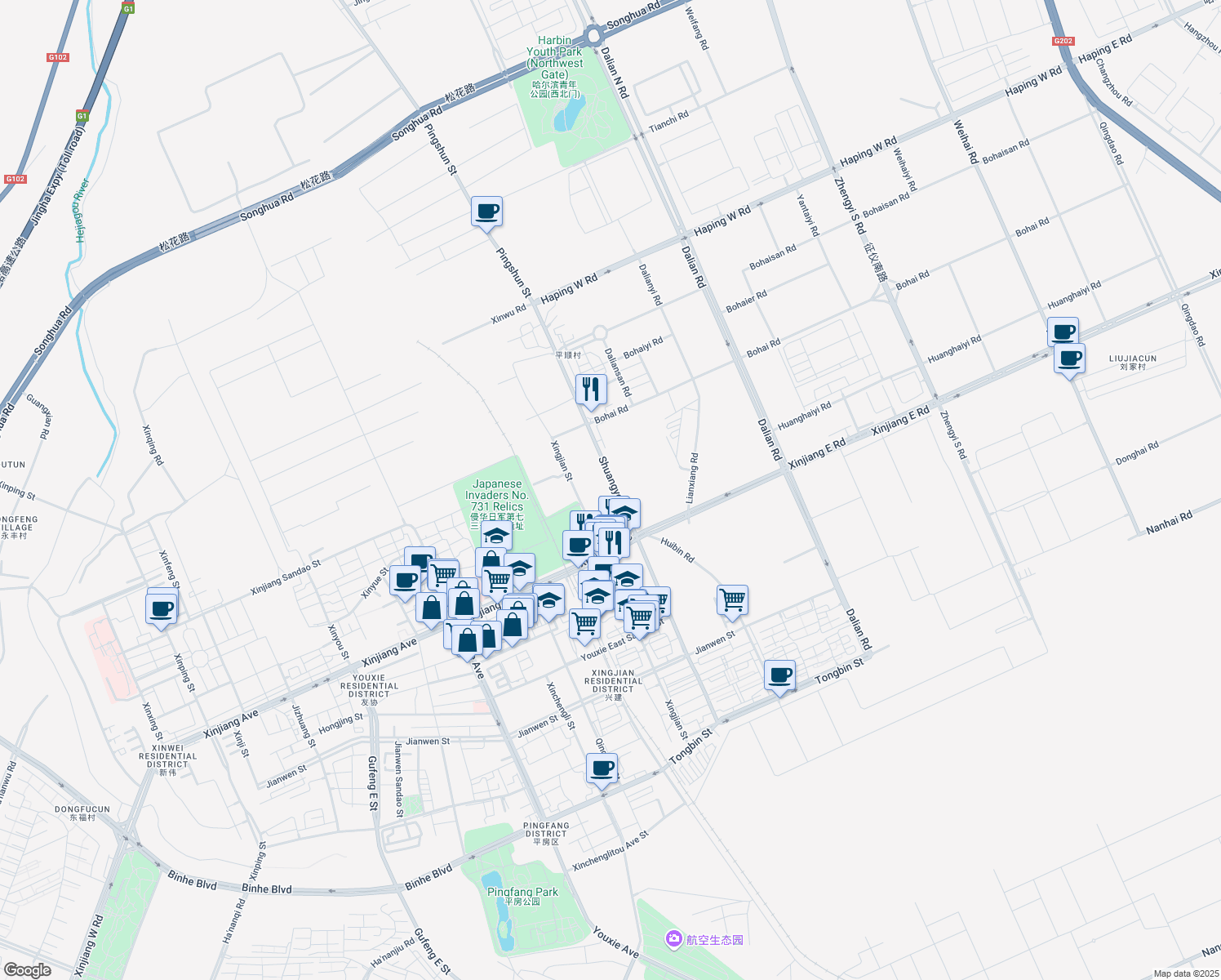 map of restaurants, bars, coffee shops, grocery stores, and more near in Harbin