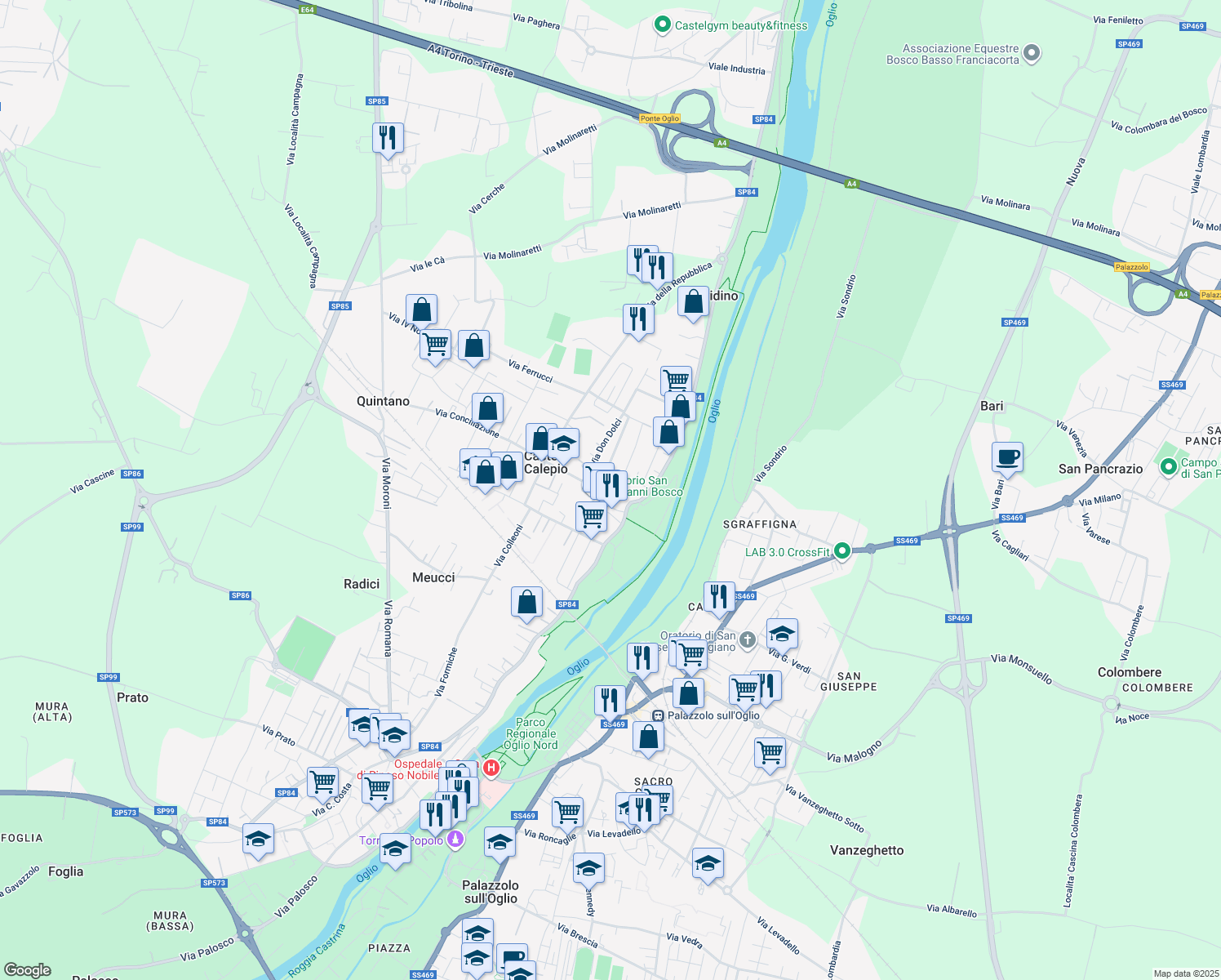 map of restaurants, bars, coffee shops, grocery stores, and more near 4 Via E. De Amicis in Castelli Calepio
