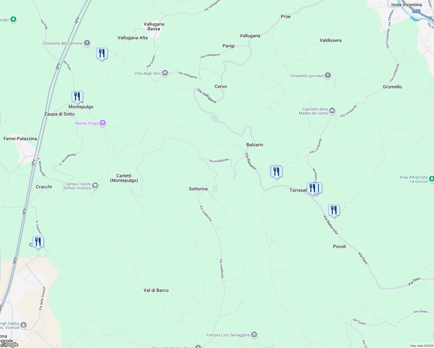 map of restaurants, bars, coffee shops, grocery stores, and more near 1 Via Valdilonte in Provincia di Vicenza
