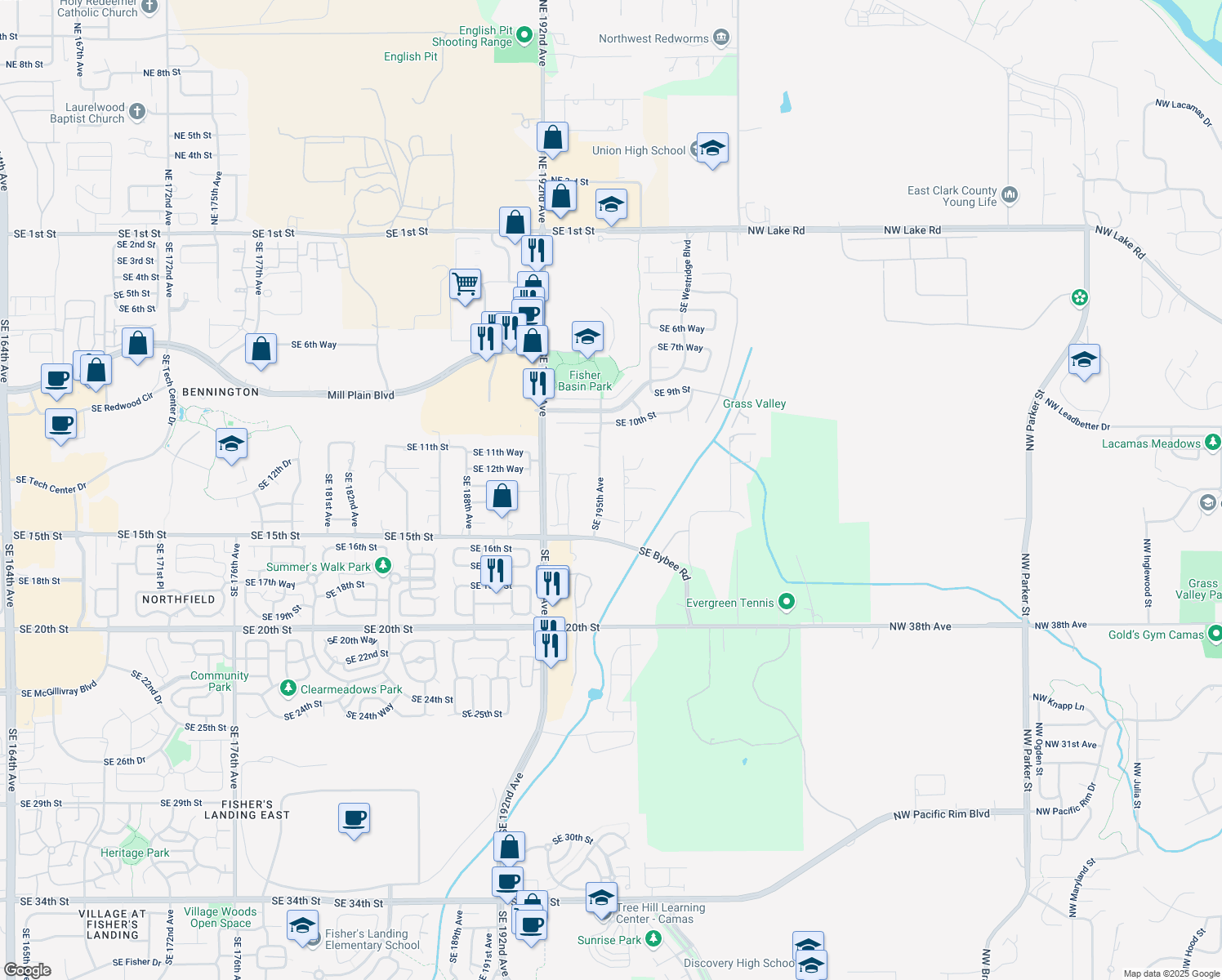map of restaurants, bars, coffee shops, grocery stores, and more near 1309 Southeast 195th Avenue in Camas