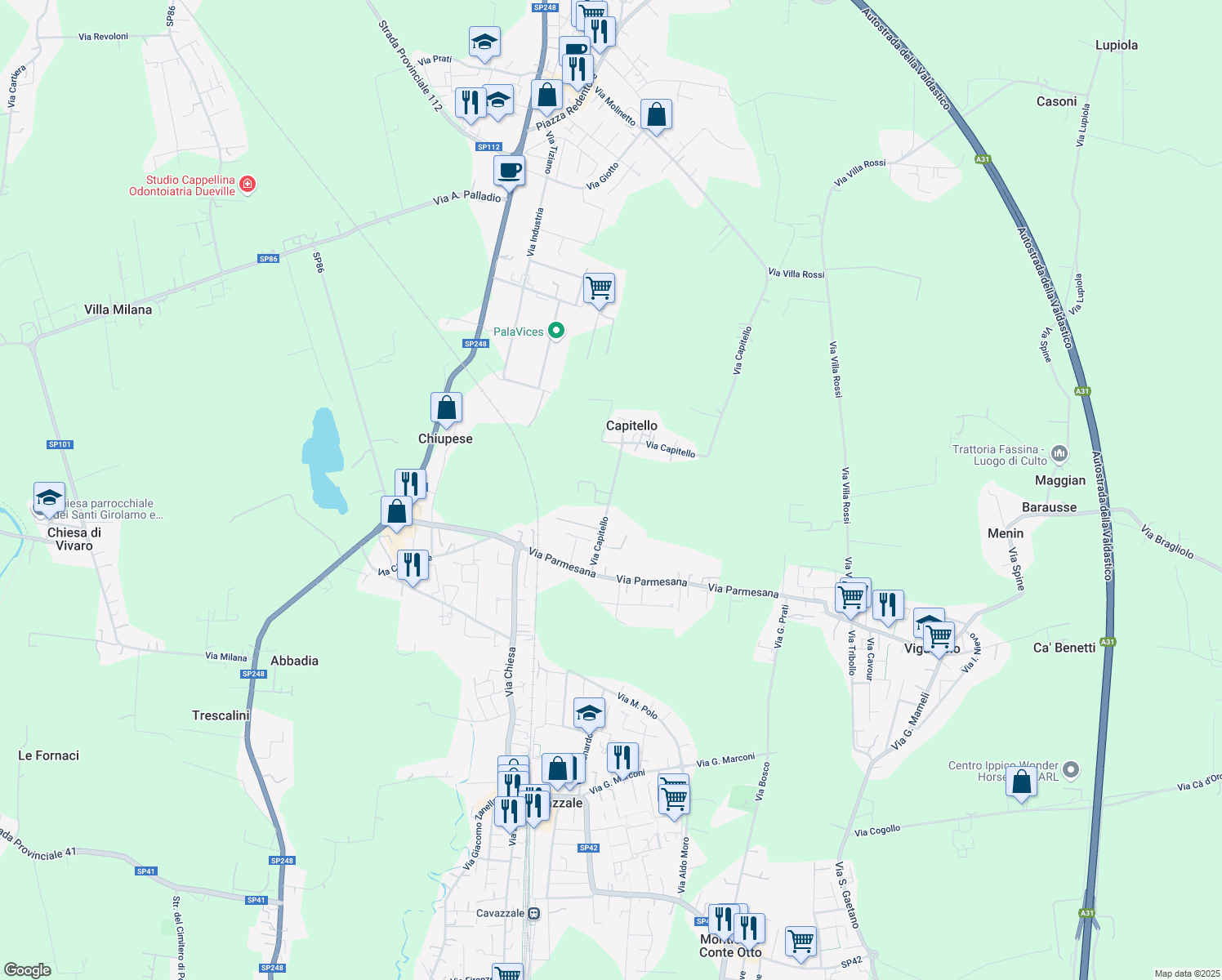 map of restaurants, bars, coffee shops, grocery stores, and more near 19 Via Capitello in Cavazzale