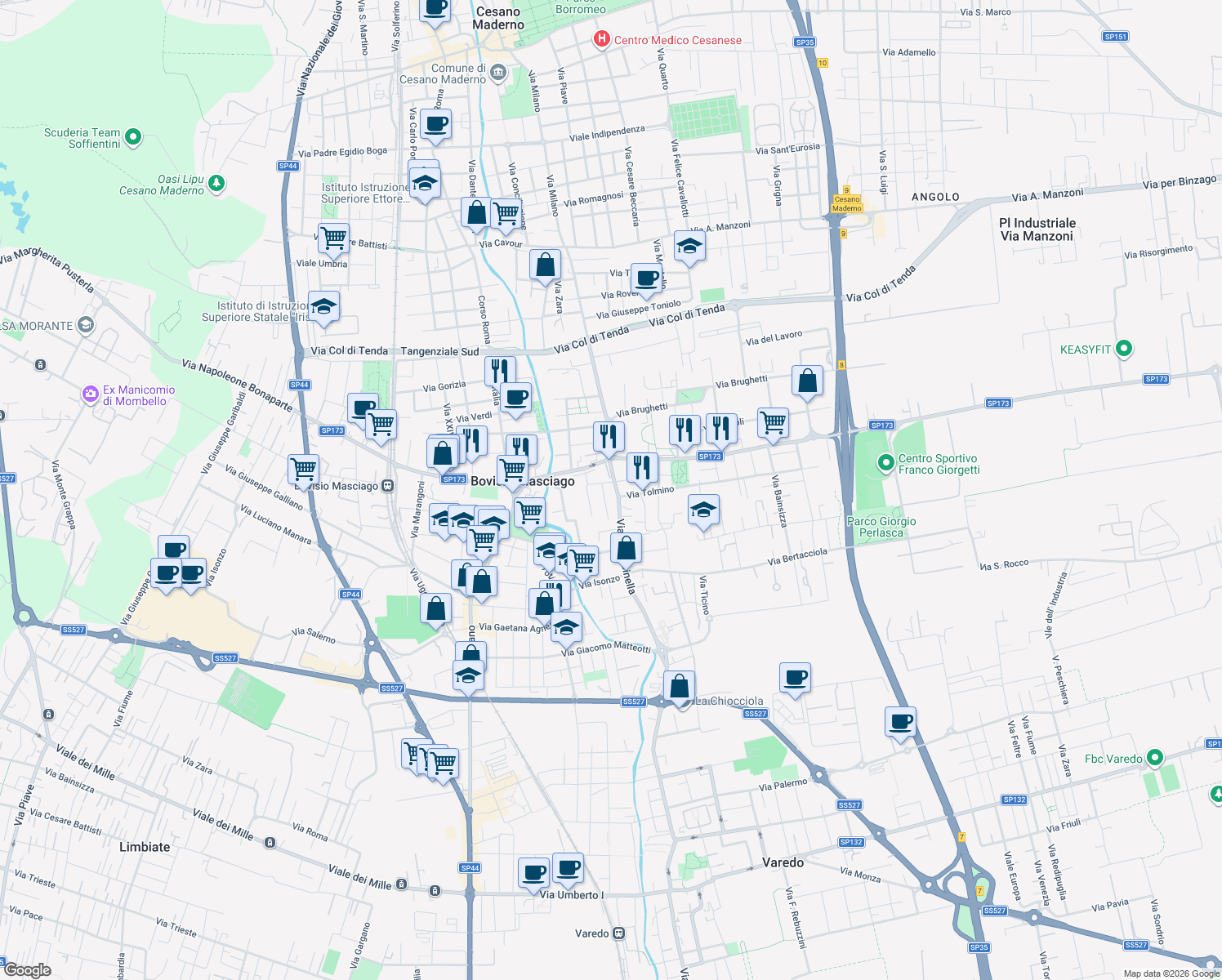 map of restaurants, bars, coffee shops, grocery stores, and more near 97 Via Comasinella in Bovisio Masciago