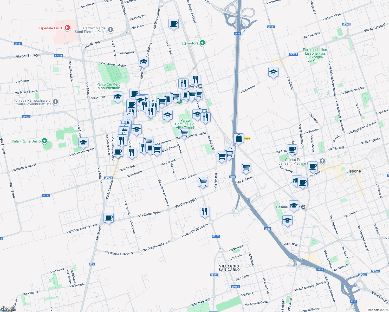 map of restaurants, bars, coffee shops, grocery stores, and more near 92 Via Luigi Pirandello in Desio