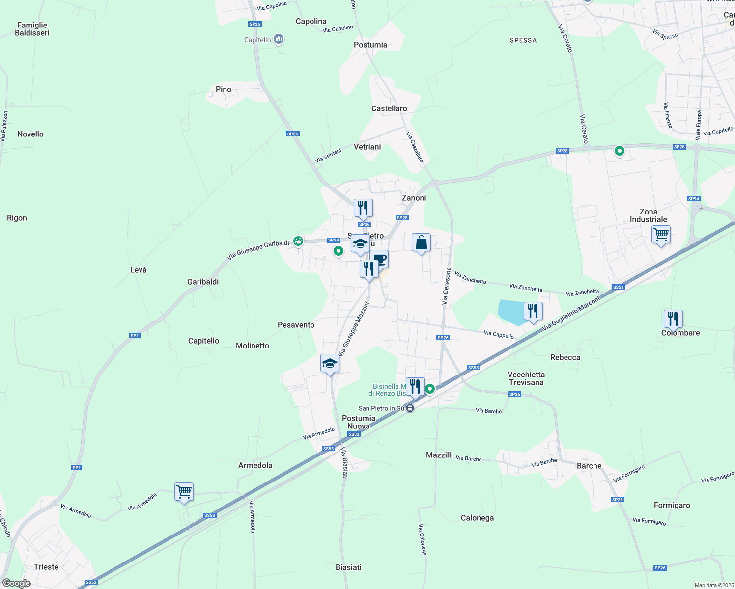 map of restaurants, bars, coffee shops, grocery stores, and more near 12 Via Giuseppe Mazzini in San Pietro In Gu