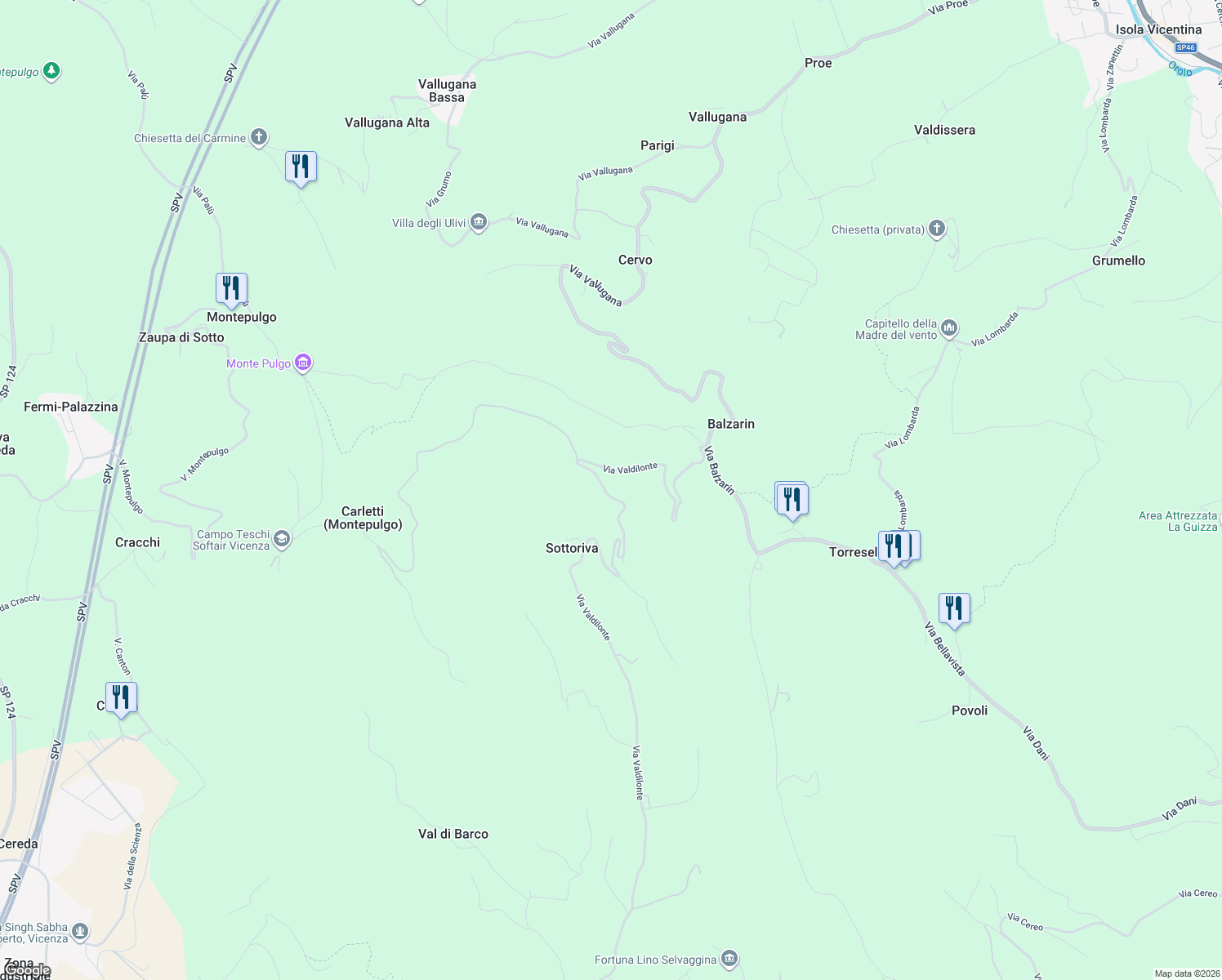 map of restaurants, bars, coffee shops, grocery stores, and more near 1 Via Valdilonte in Provincia di Vicenza