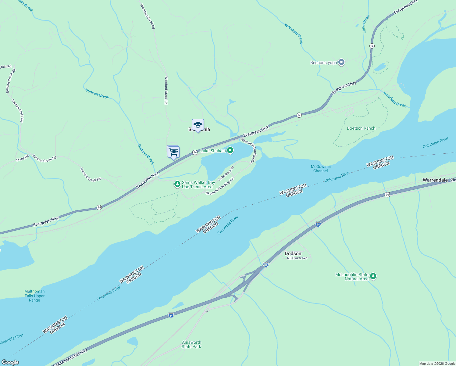 map of restaurants, bars, coffee shops, grocery stores, and more near 612 Skamania Landing Road in Stevenson