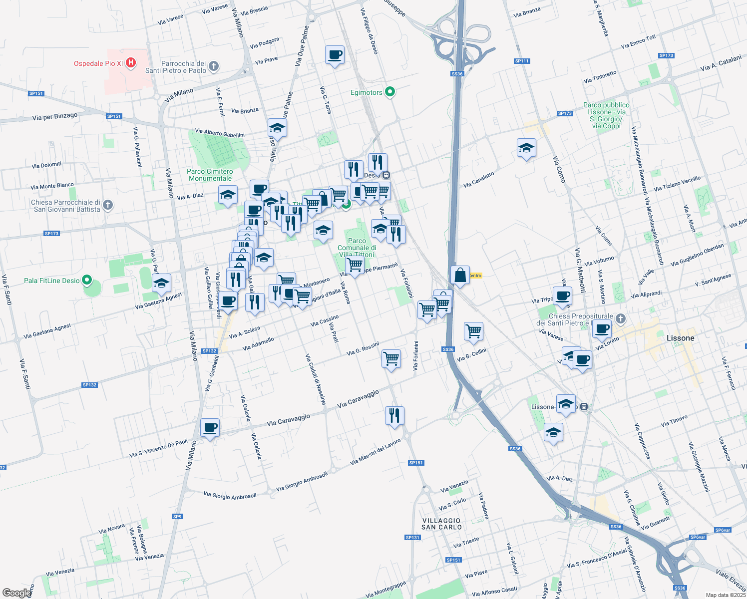 map of restaurants, bars, coffee shops, grocery stores, and more near 92 Via Luigi Pirandello in Desio