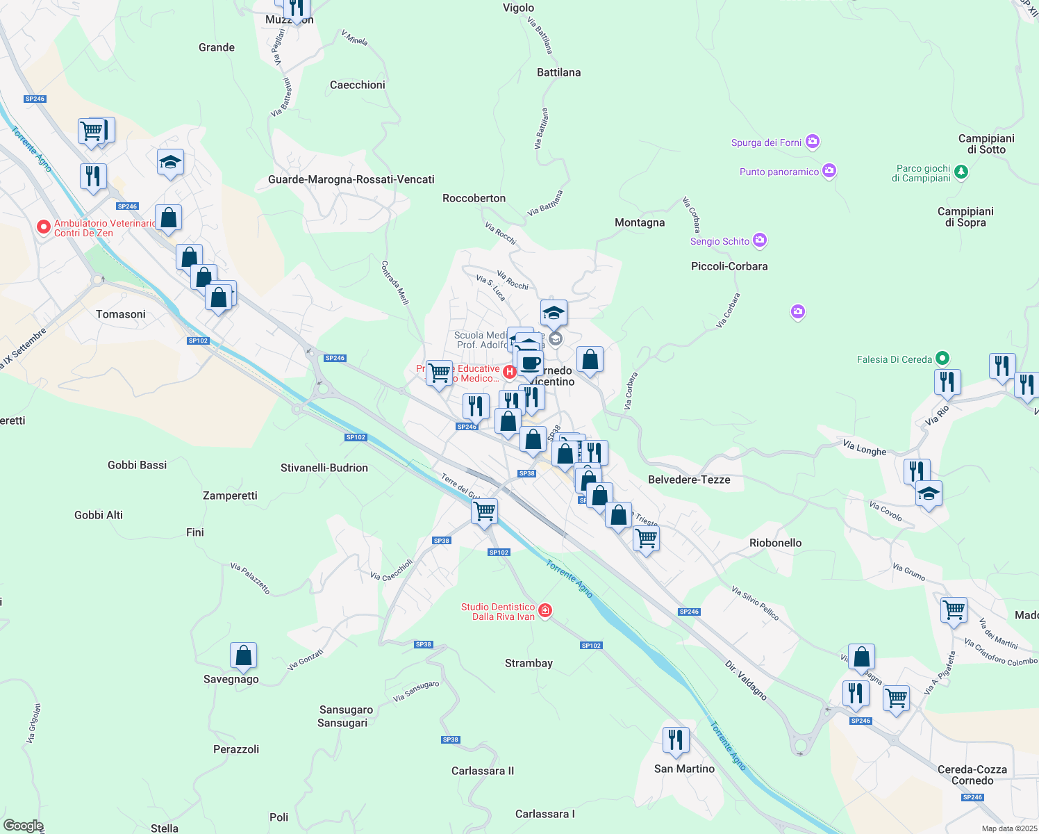map of restaurants, bars, coffee shops, grocery stores, and more near 31 Piazza Aldo Moro in Cornedo Vicentino