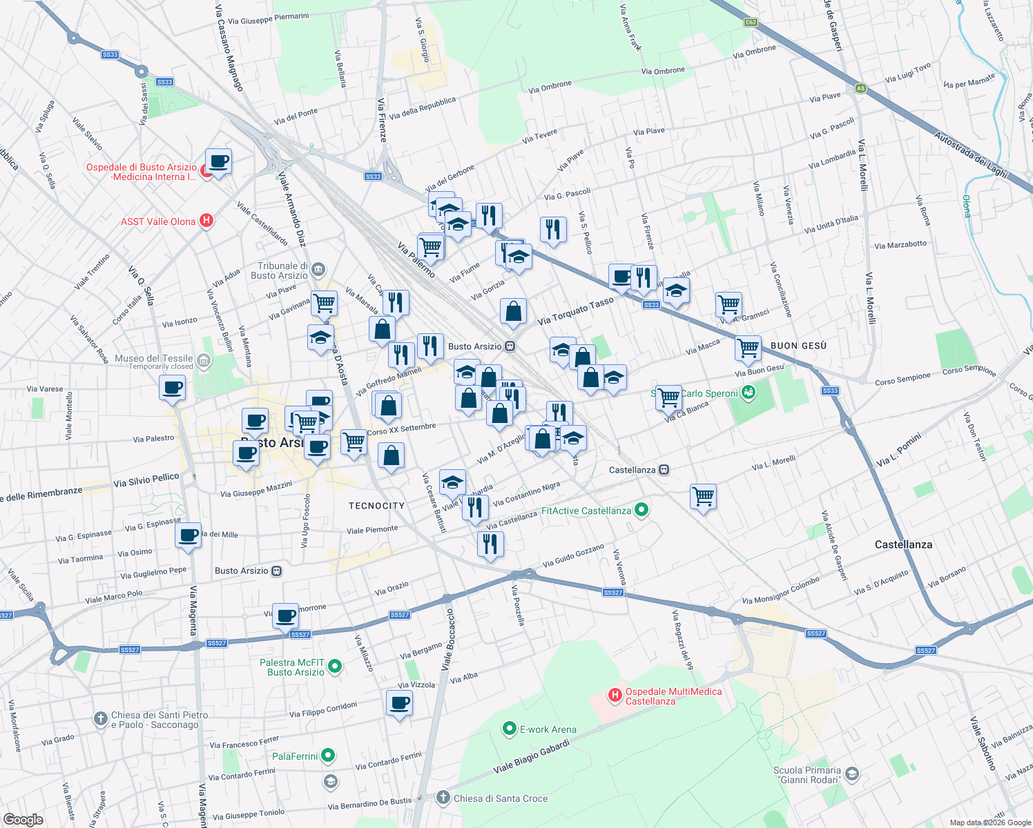 map of restaurants, bars, coffee shops, grocery stores, and more near 3BIS Via Venezia in Busto Arsizio