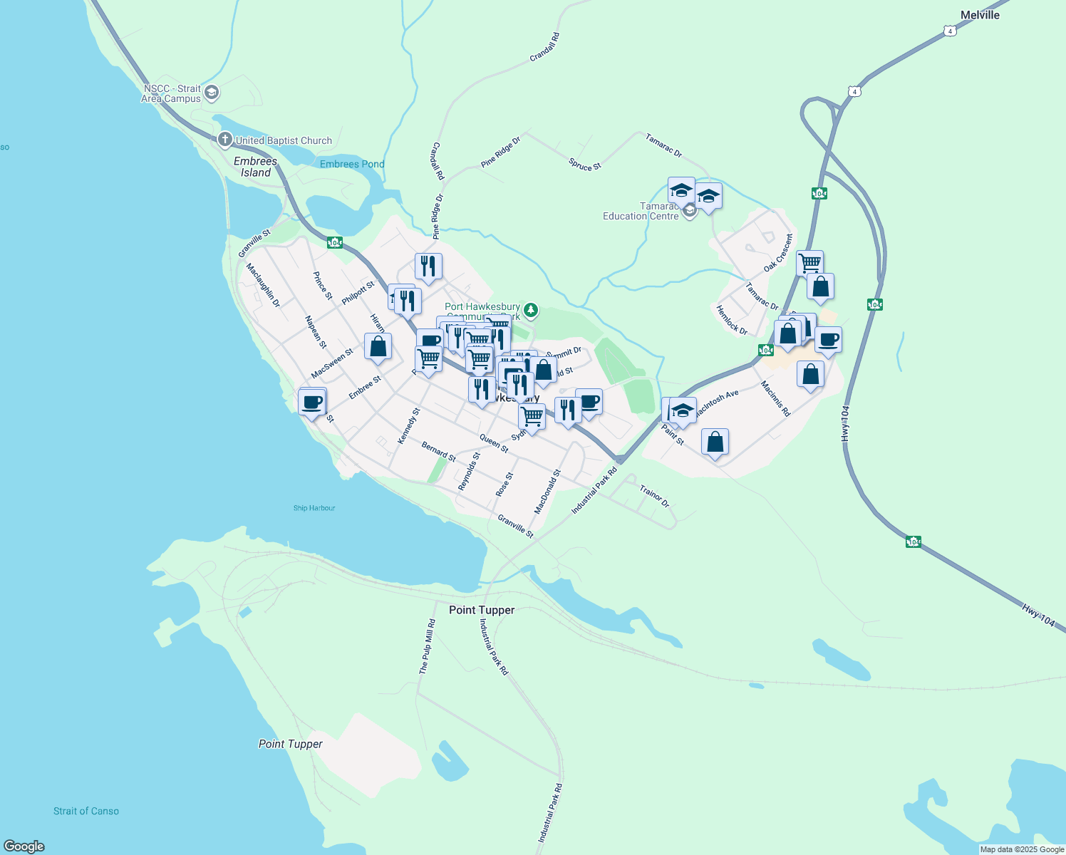 map of restaurants, bars, coffee shops, grocery stores, and more near 302 Sydney Road in Port Hawkesbury