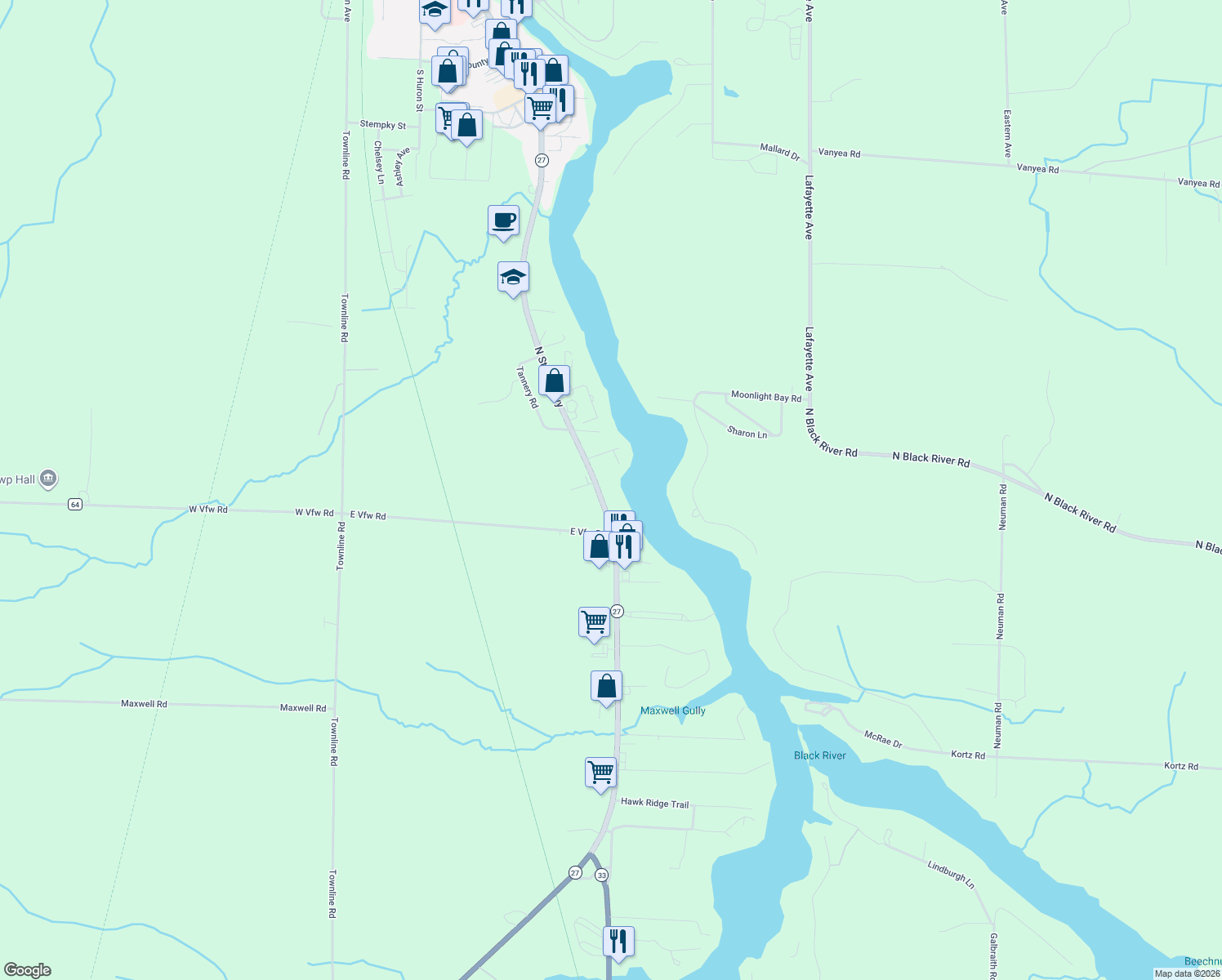 map of restaurants, bars, coffee shops, grocery stores, and more near 10586 North Straits Highway in Cheboygan