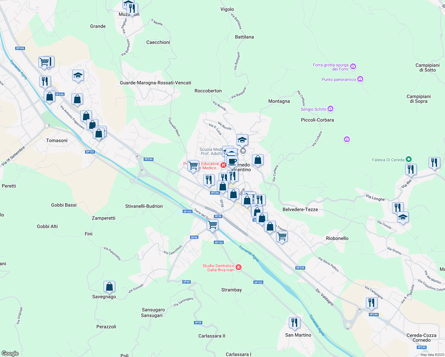 map of restaurants, bars, coffee shops, grocery stores, and more near 78 Via G. Marconi in Cornedo Vicentino