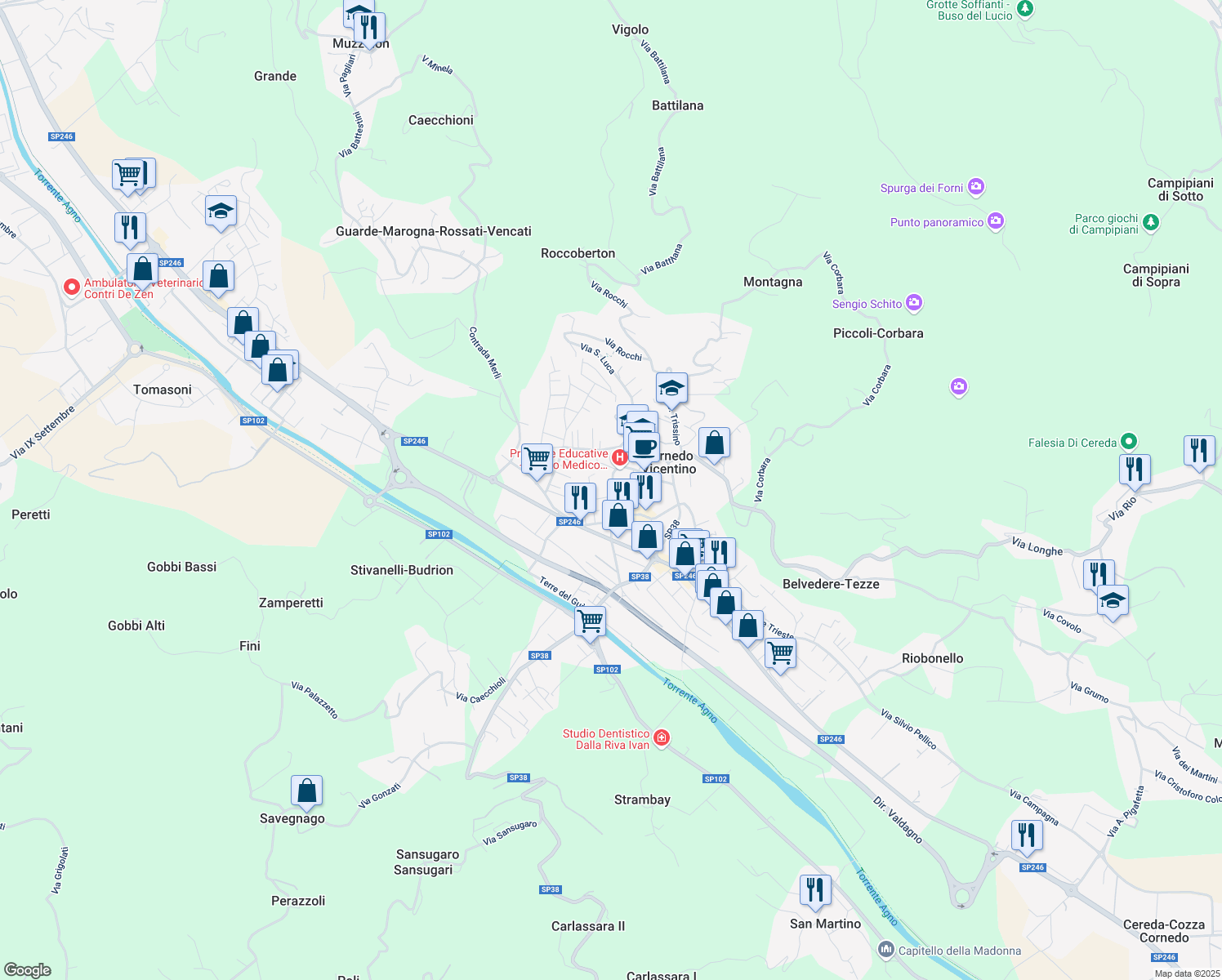 map of restaurants, bars, coffee shops, grocery stores, and more near 78 Via G. Marconi in Cornedo Vicentino