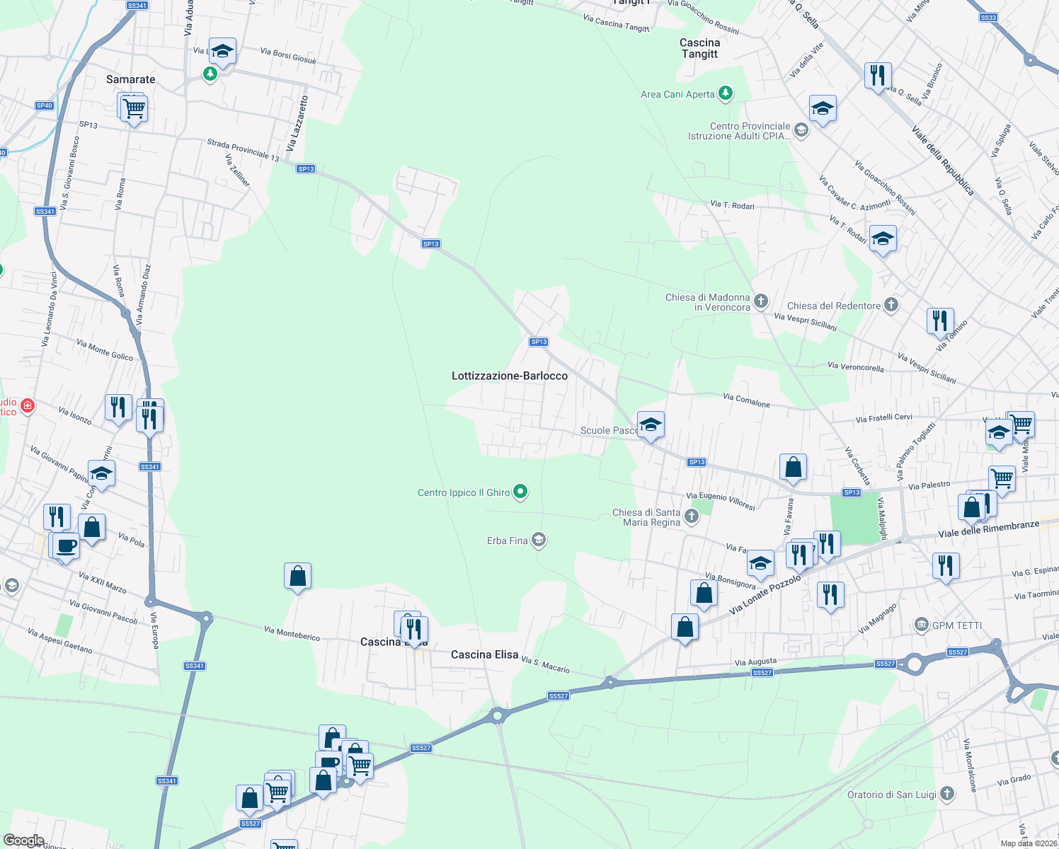 map of restaurants, bars, coffee shops, grocery stores, and more near Via Redipuglia in Busto Arsizio