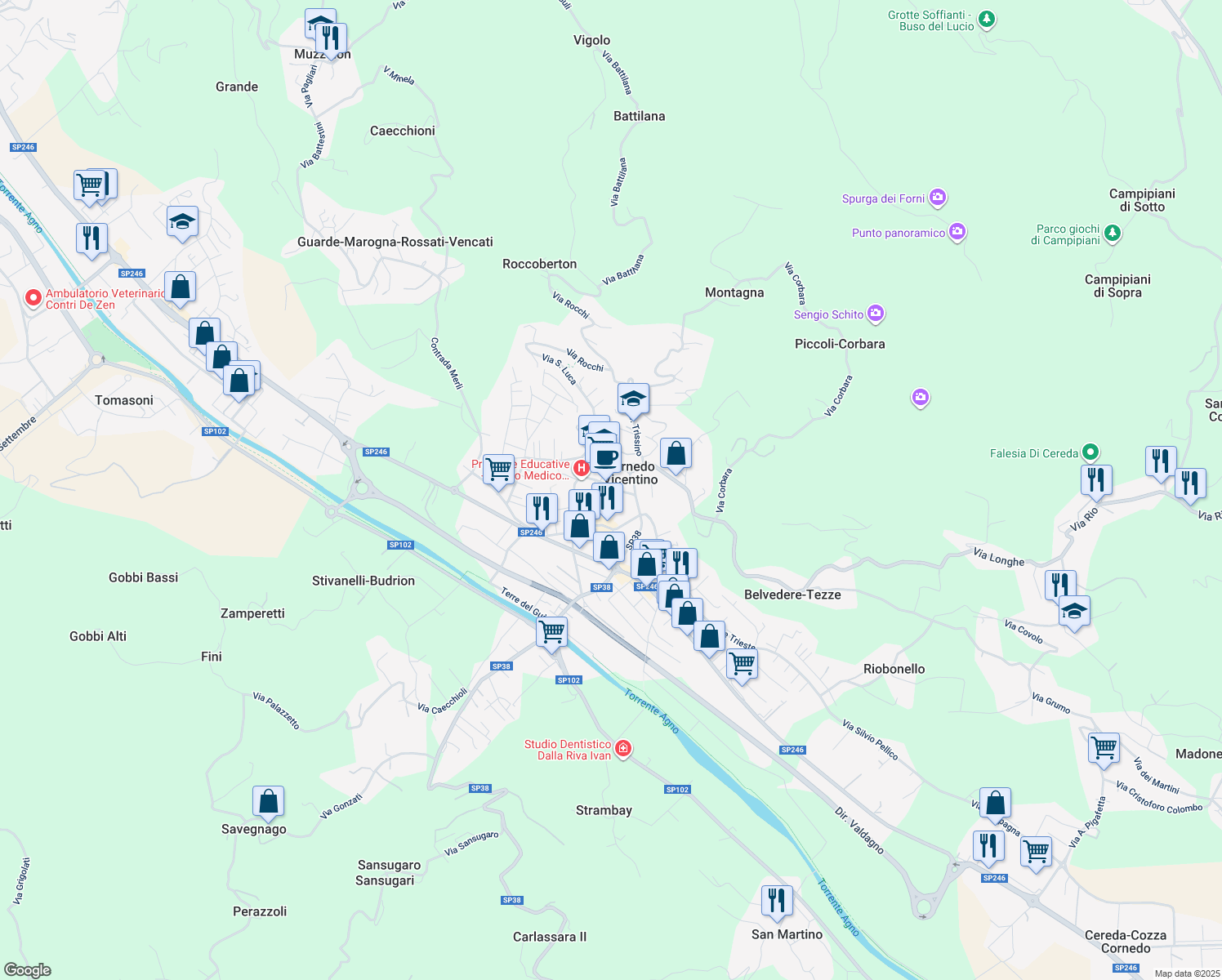 map of restaurants, bars, coffee shops, grocery stores, and more near 31 Piazza Aldo Moro in Cornedo Vicentino