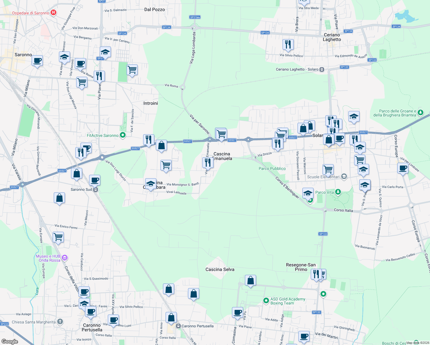 map of restaurants, bars, coffee shops, grocery stores, and more near 36 Via per Cascina Emanuela in Solaro