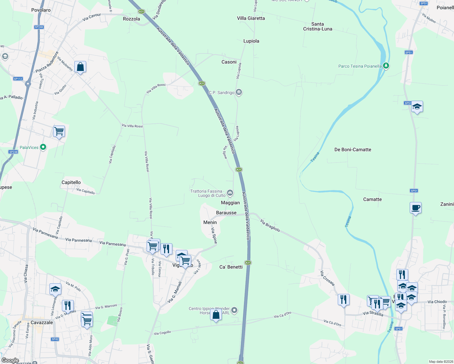 map of restaurants, bars, coffee shops, grocery stores, and more near 48 Via Spine in Vicenza