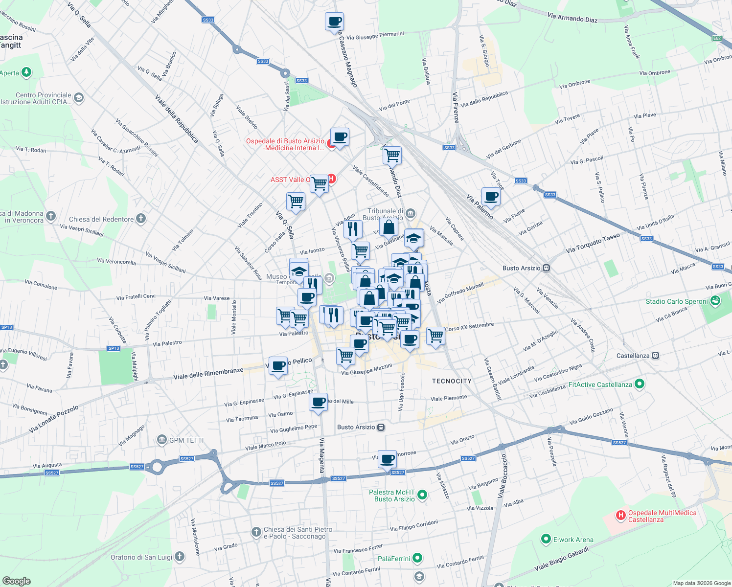 map of restaurants, bars, coffee shops, grocery stores, and more near 6 Via Mentana in Busto Arsizio