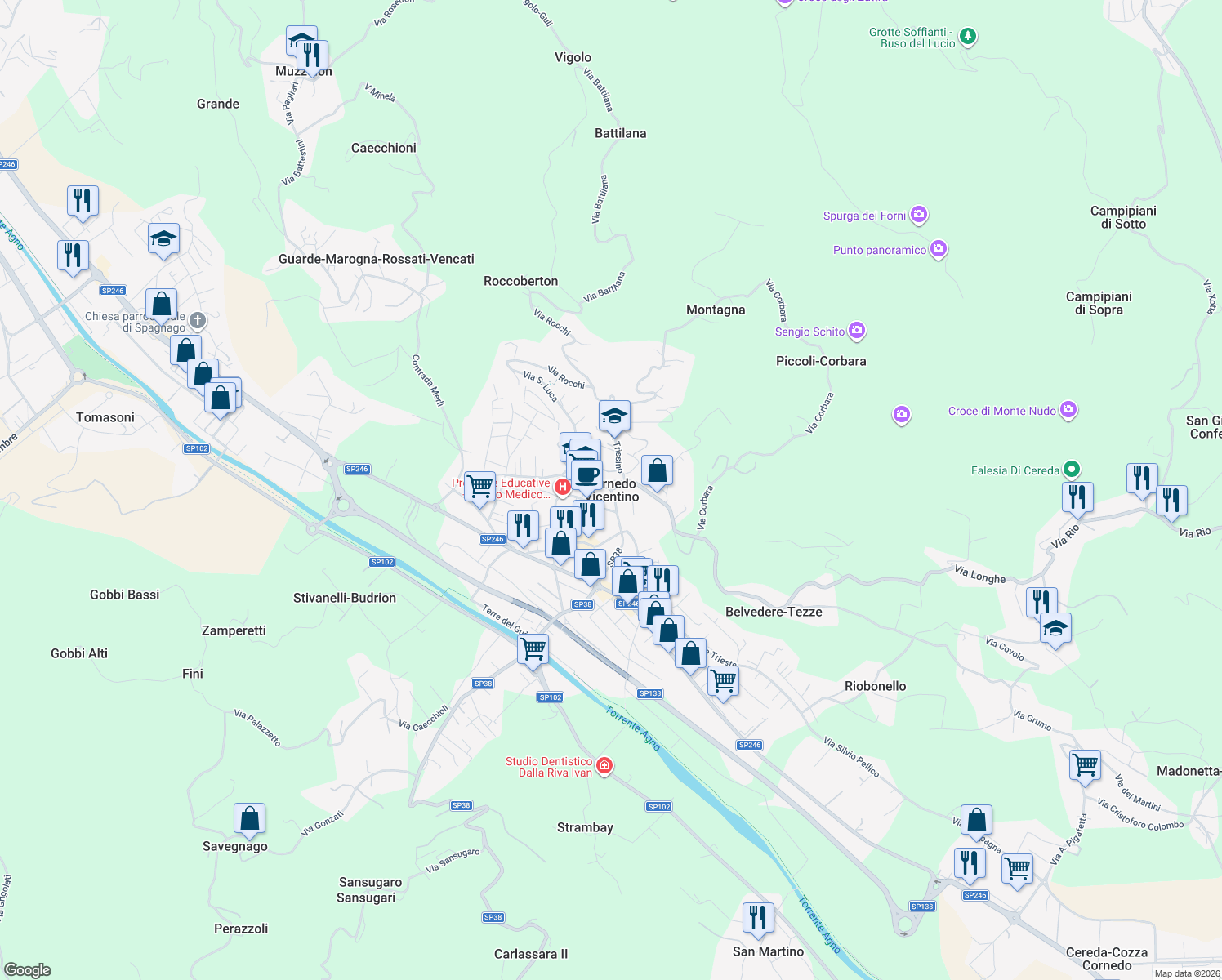 map of restaurants, bars, coffee shops, grocery stores, and more near 57 Via Camillo Benso Conte di Cavour in Cornedo Vicentino