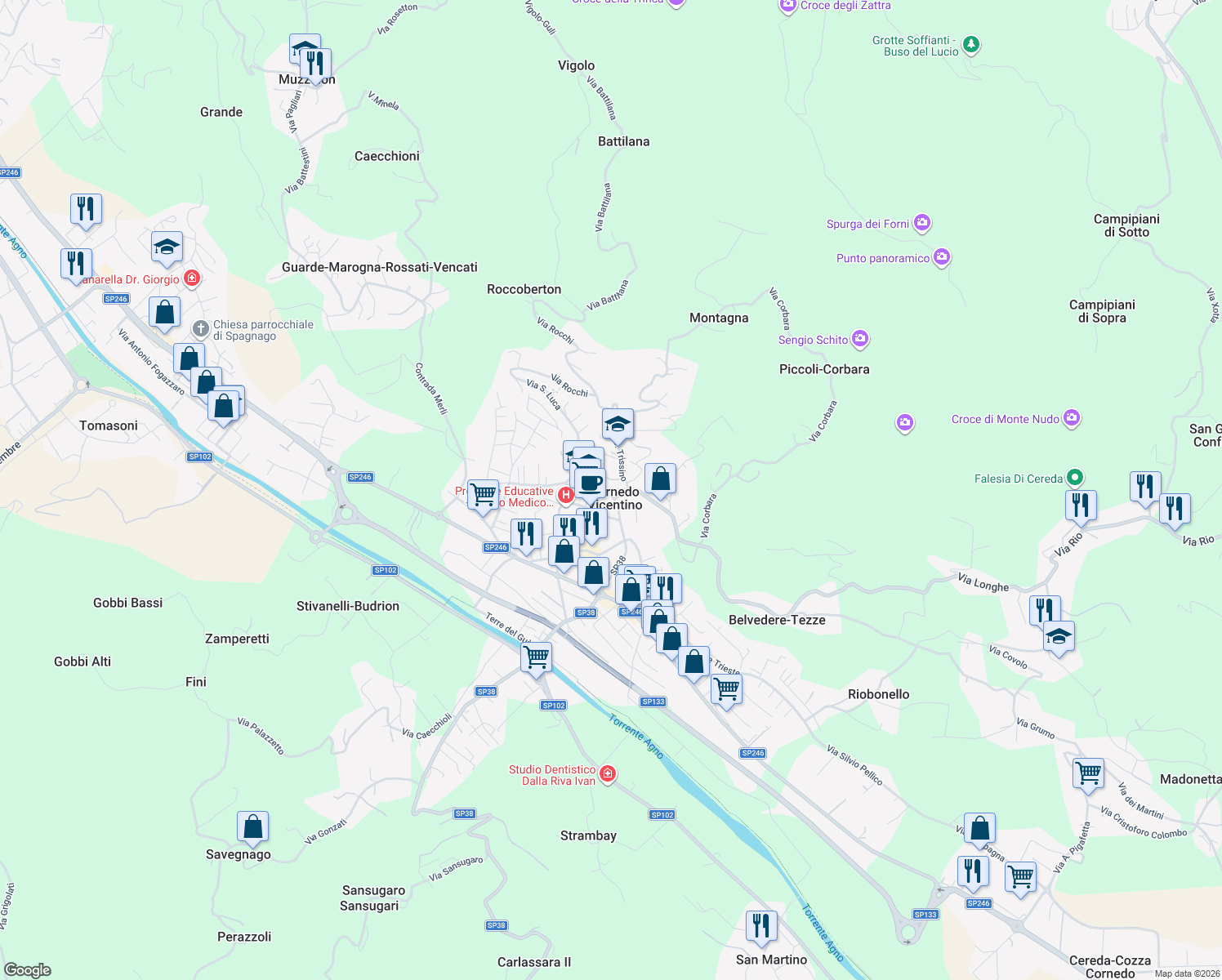 map of restaurants, bars, coffee shops, grocery stores, and more near 57 Via Camillo Benso Conte di Cavour in Cornedo Vicentino