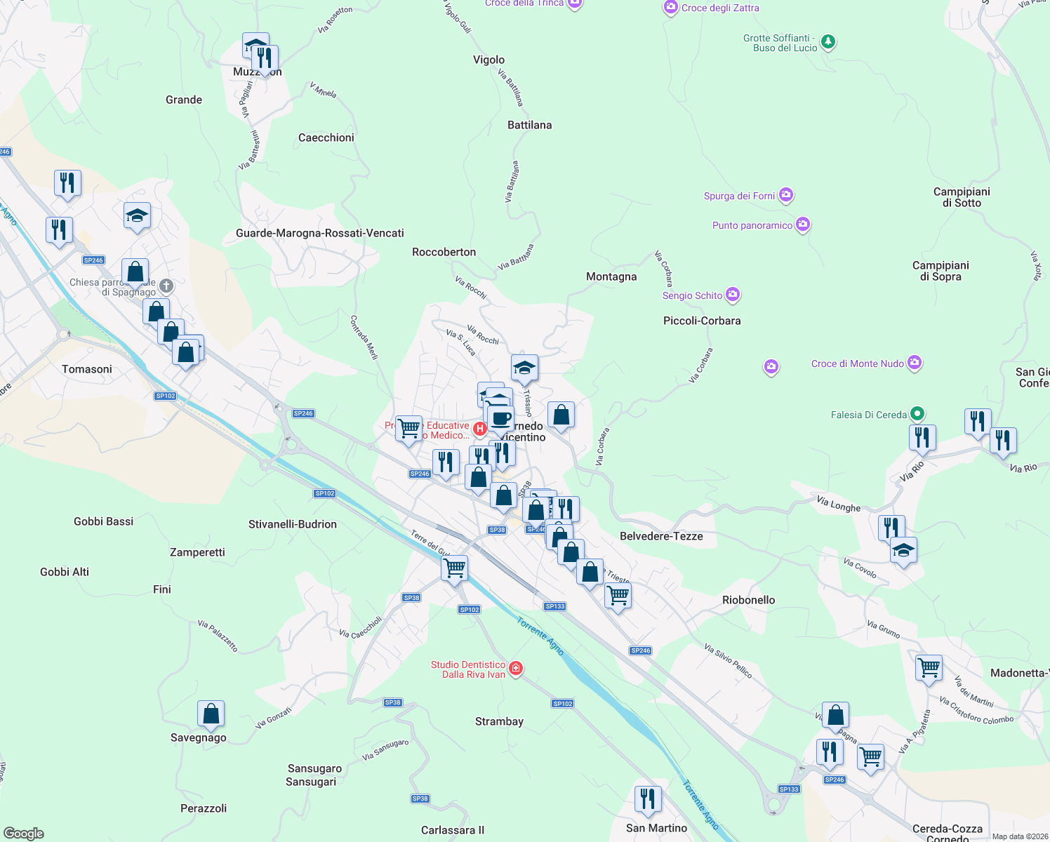 map of restaurants, bars, coffee shops, grocery stores, and more near 57 Via Camillo Benso Conte di Cavour in Cornedo Vicentino