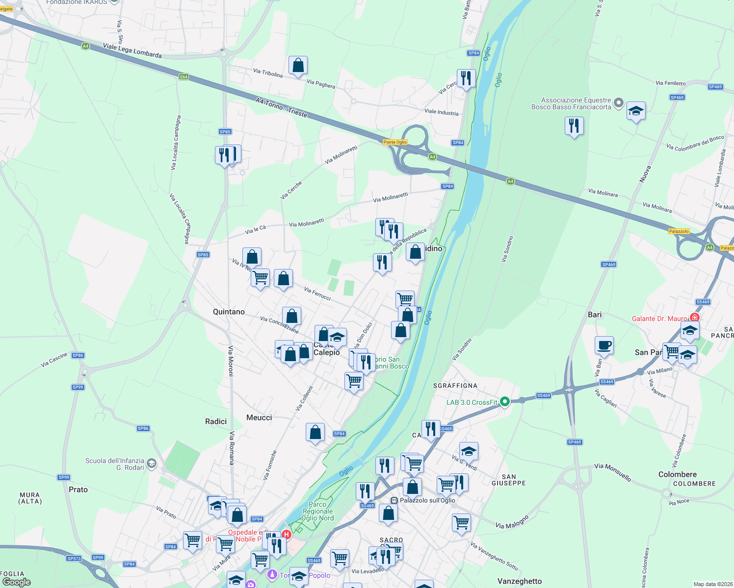 map of restaurants, bars, coffee shops, grocery stores, and more near 16 Via Giotto in Castelli Calepio