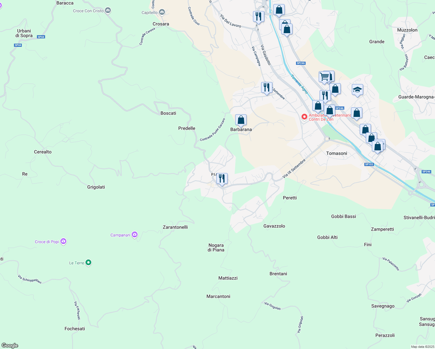 map of restaurants, bars, coffee shops, grocery stores, and more near 71 Contrada Zordani in Valdagno